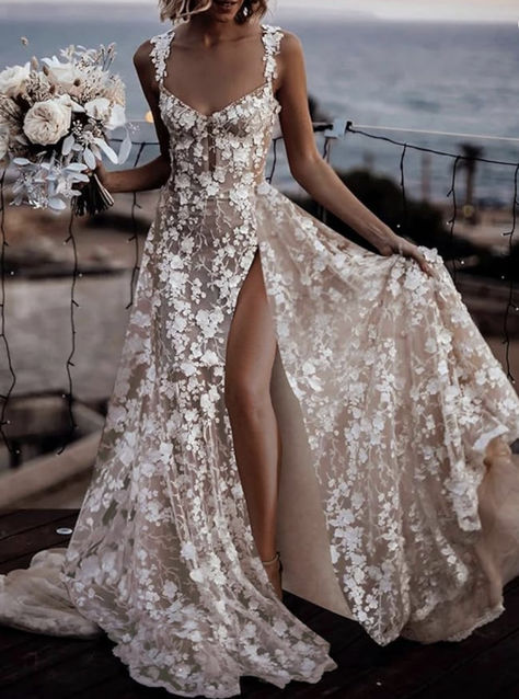 Flower Wedding Dress Floral Gown, Beach Boho Wedding, Front Split Dress, Lace Bridal Gowns, Boho Wedding Dresses, Cheap Wedding Dresses Online, Wedding Dress Store, Waist Jacket, Beach Boho