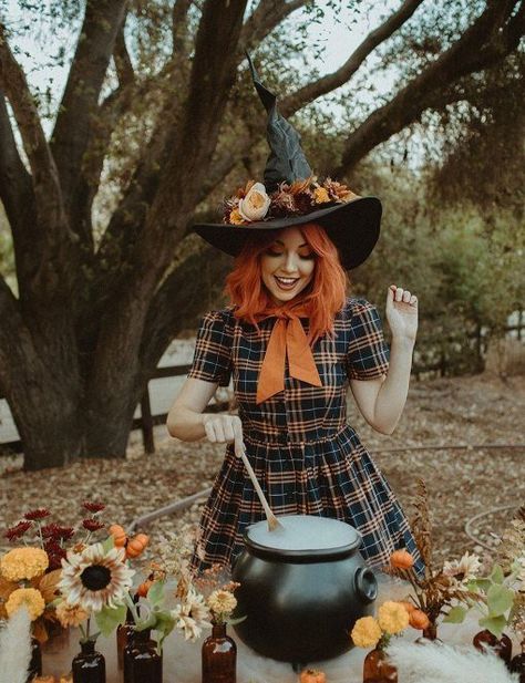 Cool Woman Costume Ideas, Vintage Womens Halloween Costume, Plaid Witch Costume, Crazy Witch Costume, Floral Witch Costume, Themed Witch Costume, Funky Witch Costume, 50s Witch Costume, Different Witch Costumes