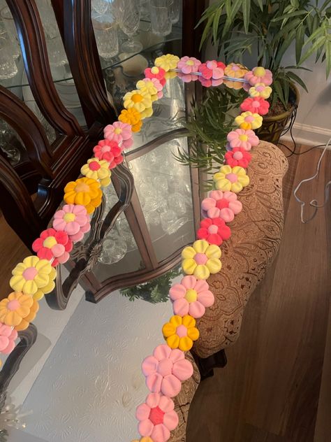 Fimo, Flower Covered Mirror, Clay Body Mirror, Air Clay Flower Mirror, Mirror Wall Decor Flower, Cute Mirror Decor, Foam Clay Flower Mirror, Foam Flower Mirror, Foam Clay Mirror