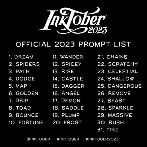 Inktober Prompts, Comics Sketch, Sketchbook Prompts, Inktober 2023, 30 Day Drawing Challenge, Prompt List, October Art, Inktober 2016, Drawing Ideas List