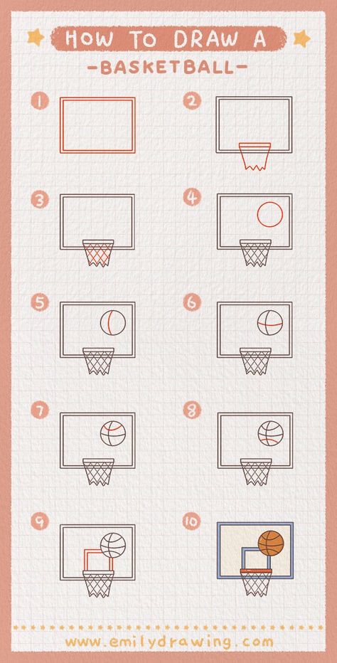Learn step-by-step how to draw a basketball, including the backboard, hoop, and details. Unleash your creativity and create your own masterpiece! Start drawing today! How To Draw A Basketball Court, Easy Basketball Drawings, How To Draw Basketball, Basketball Drawing Ideas, Draw A Basketball, Basketball Tutorial, Disney Drawing Tutorial, Basketball Drawings, Art Books For Kids