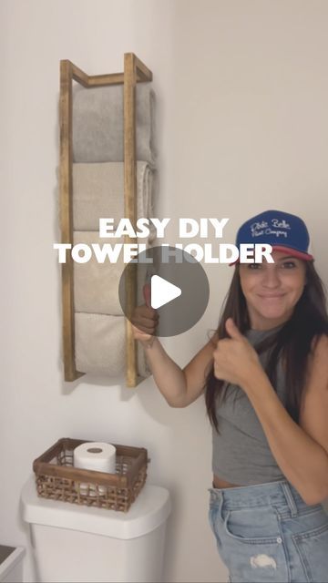 SHAYNA ALNWICK on Instagram: "These are SO easy to make! 🤯

Im resharing a simple and easy favorite DIY project of mine! I’ve listed the measurements in the video and all you need is wood and a few tools!

I used my favorite stain which is @dixiebellepaint no pain gel stain for the finish look! AD

Comment “LINK” and I’ll DM you the link for all the products for this project! ✨ 

.
.
.
.
#diyprojects #dbpbrandambassador #easydiy #woodworking #towelholder #bathroomhack #lifehack #cleaninghack #diy #homedecor #diyhomedecor" Towel Rack From Pallets, Diy Wooden Towel Holder, Diy Vertical Towel Rack, Homemade Towel Rack, Diy Wooden Towel Rack, Diy Towel Shelf Bathroom, Towel Bathroom Decor, Diy Towel Warmer, Diy Towel Hooks In Bathroom