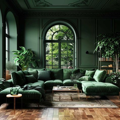 Mastering the Art of Dark Green Interior Design • 333+ Art Images Dark Green Modern Living Room, Green Velvet Sofa Aesthetic, Green Living Room Ideas Decor, Green Velvet Lounge, Wood Green Living Room, Big Green Couch, Jungle Green Living Room, Green Couches Living Room Ideas, Dark Green And Brown Living Room