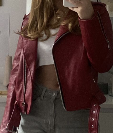 Pink Leather Jacket Aesthetic, Red Cropped Leather Jacket, Red Leather Biker Jacket Outfit, Pink Leather Jacket Outfit Aesthetic, Cropped Red Leather Jacket, Cropped Red Jacket, Red Leather Jacket Outfit Winter, Outfits With Red Leather Jacket, Red Leather Aesthetic