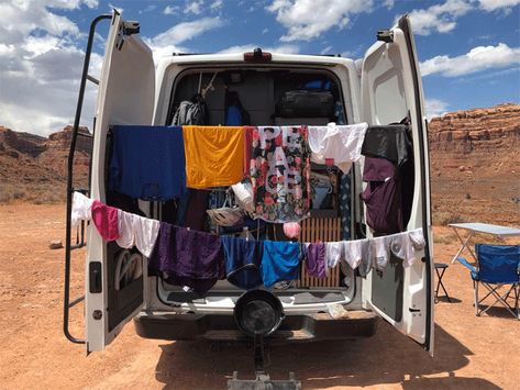 Van Life Laundry, Van Life Clothes, Vanlife Hacks, Campervan Hacks, Van Life Hacks, Honda Element Camping, Diy Van Camper, Kangoo Camper, Car Tent Camping