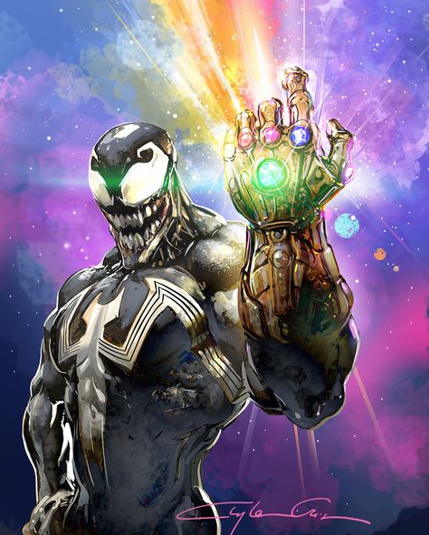 Venom wielding the The Infinity Gauntlet. While on the road, I brought a commission into Photoshop and bumped it up. Animated Spider, All Spiderman, Venom Movie, Image Spiderman, The Infinity Gauntlet, Symbiotes Marvel, Venom Comics, Infinity Gauntlet, Bd Art