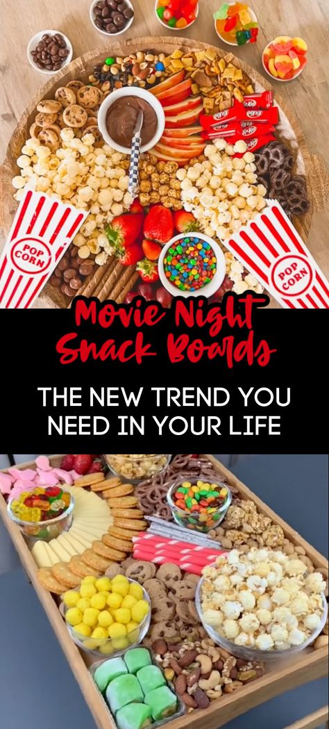 Movie Night Themed Charcuterie Board, Movie Night Menu Food Party Ideas, Food For Movie Night Aesthetic, Kids Snack Board Ideas, Charcuterie Board For Movie Night, Movie Night Snack Ideas For Adults, Movie Snack Boards, Movie Night Grazing Board, Movie Night Snack Bar Ideas