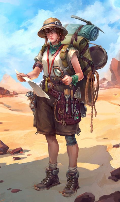 Archaeologist, Avetino . on ArtStation at https://www.artstation.com/artwork/Pob6En Explorer Art Character, Archeologist Illustration, Archaeologist Character Design, Explorer Outfit Adventure, Dnd Explorer, Steampunk Archeologist, Archaeologist Character, Geologist Outfit, Archaeologist Outfit