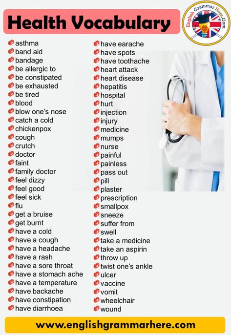 English Health and Medical Words Vocabulary, Definition and Examples Health Vocabulary In this article, we will provide information on health vocabulary. Such words will help you to comfortably write about health-related issues or to talk about health-related issues in a possible test. These topics can also help you read in case of a possible illness or discomfort. Let’s take a closer look at the health vocabulary examples; Abduction: Movement of all or part of the arm or leg from the vertical Illness Vocabulary English, Medical Terms Definitions, English Medical Vocabulary, Medical English Vocabulary, Medical Vocabulary Learn English, Medical Words In English, Medical Vocabulary Words, Illness Vocabulary, Medical Vocabulary