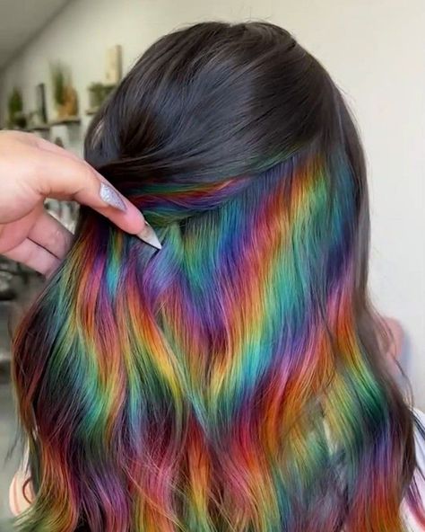 Holographic Highlights Hair, Rainbow Oil Slick Hair, How To Do Rainbow Hair, Rainbow Shine Line Hair, Rainbow Hair Brunette, Holographic Hair Brunette, Prismatic Hair Color, Rainbow Holographic Hair, Secret Rainbow Hair