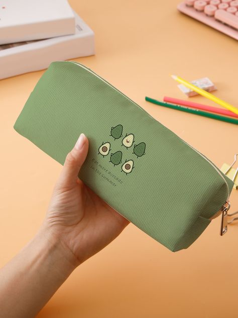 Multicolor  Collar  Polyester   Embellished   Filing Products Pencil Bags For School, Pouches For School, Green School Supplies, Green Stationary, Green Pencil Case, Pencils Case, Cute Pencil Pouches, School Pouch, Cool Pencil Cases