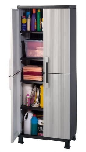 Keter Resin Cabinet Storage 68"x27" | Garage Organization | Pricesmart | Kingston | Jamaica Keter Storage Cabinet, Vacuum Storage Ideas, Garage Organization Ideas Storage, House Organization Hacks, Storage Ideas For Small Rooms, Storage Ideas Bathroom, Cabinet Plastic, Freestanding Garage, Mop Storage