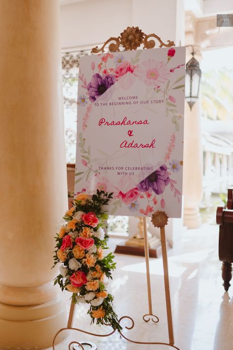 Gorgeous Kerala Wedding With 2 Equally Stunning Ceremonies Standing Board Wedding, Organisation, Welcome Sign For Wedding Entrance Indian, Wedding Gates Entrance, Name Board Design For Wedding, Engagement Flex Banner Design, Wedding Welcoming Board, Wedding Name Board Indian, Engagement Name Board