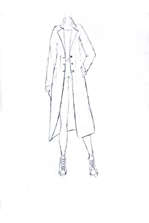 How To Draw A Trench Coat, How To Draw Coats Jackets, Coat Sketch Fashion Drawings, Long Coat Reference Drawing, Trench Coat Sketch, Long Coat Drawing Reference, Coat Reference Drawing, Coat Drawing Sketches, Long Coat Drawing