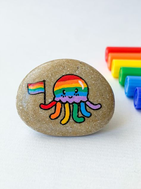 Hand painted rainbow octopus with LGBT pride flag  palm stone, funny jellyfish worry stone in LGBTQ community colors , Small lesbian girlfriend gift, LGBT get well soon gift for gay friend Queer Painting Ideas, Pride Rock Painting, Pride Paintings Ideas, Funny Painted Rocks, Small Rock Painting Ideas, Pride Rocks, Octopus Funny, Lgbtq Pride Art, Pride Projects