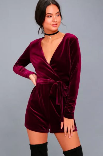 Robe Tops and Dresses: Lulus Romantic Moves Burgundy velvet long sleeve romper Christmas Hairstyles, Long Sleeve Romper Shorts, Christmas Attire, Lulu Shorts, Velvet Romper, Romper Shorts, Sequin Rompers, Burgundy Velvet, Silver Bells