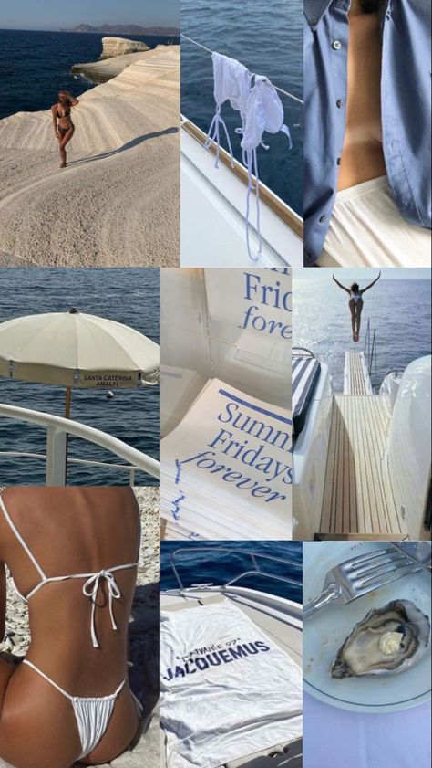 european summer, beach summer vibes, blue, navy, light blue, dark blue, beach aesthetic, travel summer vacation, yacht aesthetic, jacquemus, summer fridays, vision board, mood board summer, tan, oysters dinner aesthetic, south of france, east coast girl aesthetic, bikini, old money aesth Blue Beach Aesthetic, Walls Collage, Luxury Vision Board, Jacquemus Summer, Mood Board Summer, Yacht Summer, Stockholm Aesthetic, Yacht Outfit, Yacht Aesthetic