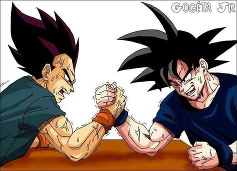 #OMG if #Goku & #Vegeta had just done this from the beginning  the earth would have been baldly damaged SMH -_- Dragonball Crossover, Vegeta Y Trunks, Arm Wrestling, Goku Y Vegeta, Vegeta And Bulma, Dragon Ball Z Shirt, Kirito Asuna, Goku Vs, Anime Friendship