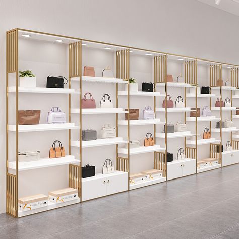 High Quality Customized Modern Metal Bag Shelves Bags Display Showcase Boutique Stainless Steel Led Shoe Shelf https://m.alibaba.com/product/1600780601310/High-Quality-Customized-Modern-Metal-Bag.html?__sceneInfo={"cacheTime":"1800000","type":"appDetailShare"} Modern Boutique Interior, Luxury Boutique Interior, Bag Store Display, Shoe Rack Designs, Display Shelf Design, Retail Display Shelves, Store Shelves Design, Shop Shelving, Retail Store Interior Design