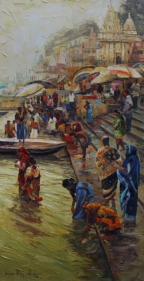 Iruvan Karunakaran (Indian) Varanasi - Acrylic Ganga Ghat Varanasi Painting, Indian Temple Paintings Acrylic, Varanasi Ghat Painting, Ganga Ghat Painting, Banaras Ghat Painting, Varanasi Painting, Indian Spirituality, Arte Yoga, Indian Art Gallery