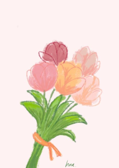 I drew this pic myself not that cute but hope you like that 💚🐸 Aesthetics Flowers Drawing, Flower Drawing Digital Art, Singular Flower Drawing, Flowers Tulips Drawing, Bouquet Of Flowers Aesthetic Drawing, Flowers For You Drawing, Tulip Bouquet Drawing, Blooming Flower Drawing, Cute Drawing Flowers