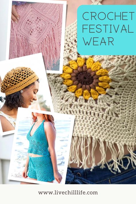 Festival wear is more than crochet tops! Look at all the crochet ideas to show off your festival style this summer! Crochet Festival Outfit Pattern, Crochet Festival Top Pattern Free, Crochet Festival Top Pattern, Festival Crochet Pattern, Chill Life, Festival Crochet, Crochet Festival Top, Crochet Festival, Crochet Business