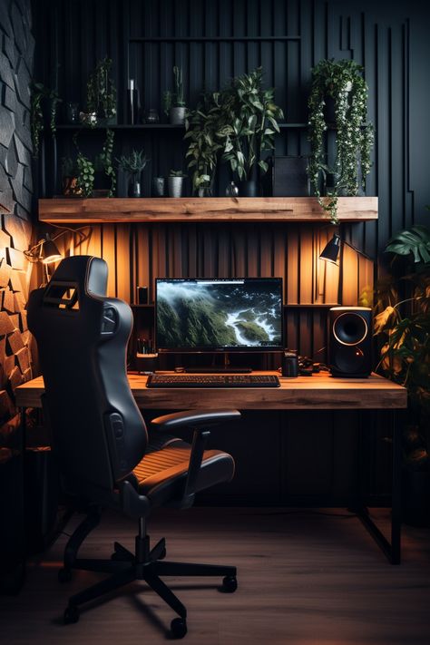 Wallpaper Mens Office, Urban Home Office Design, Home Office Ideas For Men And Women, Minimalist Interior Design Office, Black Walls Office Design, Men’s At Home Office, Masculine Small Office Ideas, Dark Boho Home Office, Bedroom Ideas For Men Plants