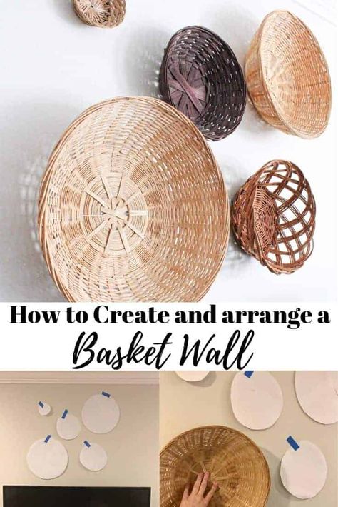 Basket Wall Kitchen Decor, Diy Basket Decor Ideas, Boho Basket Wall Art Diy, Diy Basket Decor, Woven Basket Wall Decor Living Room, Basket Walls Boho Living Room Diy, Basket Walls Boho Bedroom, Farmhouse Basket Walls, Diy Basket Wall Boho