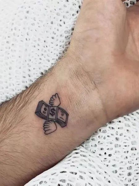 Flying Money Tattoo, Small Money Tattoos For Men, Small Dollar Sign Tattoo, Money With Wings Tattoo, Money Related Tattoos, Tattoo Money Dollar, Small Male Tattoos Men, Tattoos About Money, Arm Tattoos For Guys Small