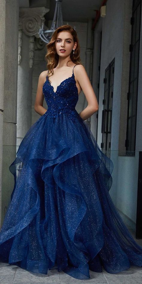 15 Dreamy Blue Wedding Dresses To Inspire :heart: navyblue wedding dresses ball gown with spaghetti straps lace top ruffled skirt digiobridal :heart: #weddingdresses #bridaldresses #weddinggown Navy Blue Wedding Dress, Blue Wedding Dress Royal, Bride 2023, Pretty Blue Dress, Minimal Stil, Blue Wedding Gowns, Blue Ball Gowns, Stunning Prom Dresses, Prom Dress Inspiration