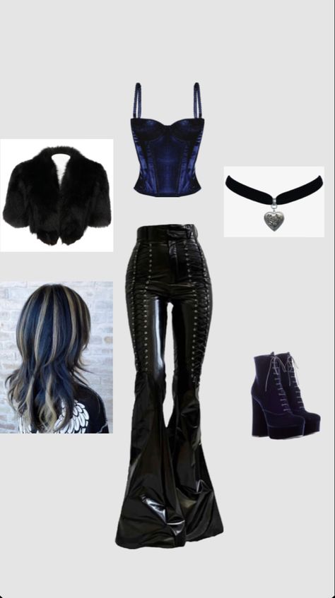Goth Outfits Pants, Gothic Aesthetic Outfit, Blue Clothes Aesthetic, Rockstar Aesthetic Outfits, Velvet Pants Outfit, Goth Outfits Aesthetic, Aesthetic Lovecore, Blue Top Outfit, Black Fluffy Jacket