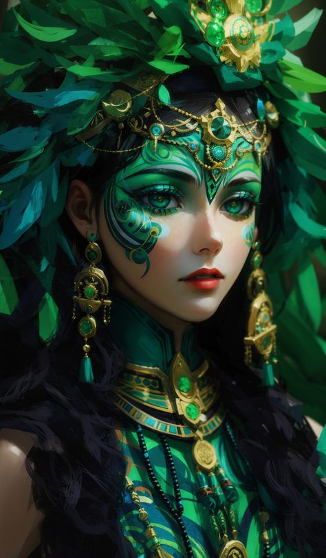 This painting of a goddess of the jungle is a stunning ode to wild beauty and power. The goddess's green hair and dress of leaves and flowers blend in perfectly with her surroundings, making her one with the jungle itself. The wild animals around her seem to respect and adore her, and her eyes are filled with wisdom and power. This image is a reminder that we are all part of nature, and that we should respect and cherish the wild beauty of the jungle. Oaxaca, Jungle Goddess, Asian Goddess, Jungle Queen, Dnd Inspiration, Nature Goddess, Fantasy Style, Earth Goddess, Wild Beauty