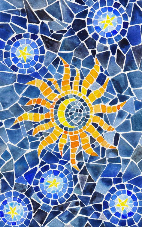 MOSAICS on Behance Mosaic Illustration, Mosaic Drawing, Watercolor Mosaic, Sun Star Moon, Mosaic Art Diy, Mosiac Art, Sun Moon And Stars, Mosaic Garden Art, Mosaic Stained