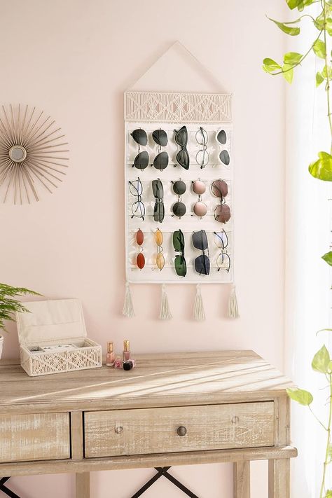 Mkono Sunglasses Organizer Holder Macrame Hanging Glasses Storage Organizer Boho with 15 Pockets and Decorative Tassels Boho Decor Woven Eyewear Display Organizer for Wall and Door Yarn Art Projects, Boho Sunglasses, Glasses Storage, Eyewear Display, Sunglasses Organizer, Decorative Tassels, Sunglasses Display, Tassels Decor, Sunglass Holder