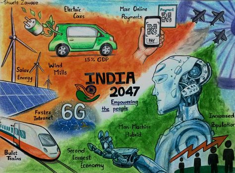 Poster making ideas using poster colours India In Future Drawings, 2047 India Drawing, Vision Towards India 2050 Drawing, Viksit Bharat 2047 Poster, India In 2047 Drawing, Digital India Drawing Poster, India In 2050 Drawings, India In 2050 Poster, G20 Poster Drawing Competition Ideas