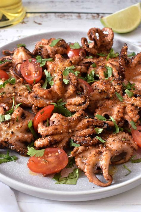 Octopus Recipes, Baked Octopus Recipes, Octopus Recipes Easy, Mediterranean Recipes Appetizers, Baby Octopus Recipe, Octopus Food, How To Cook Octopus, Octopus Recipe, Seafood Plates