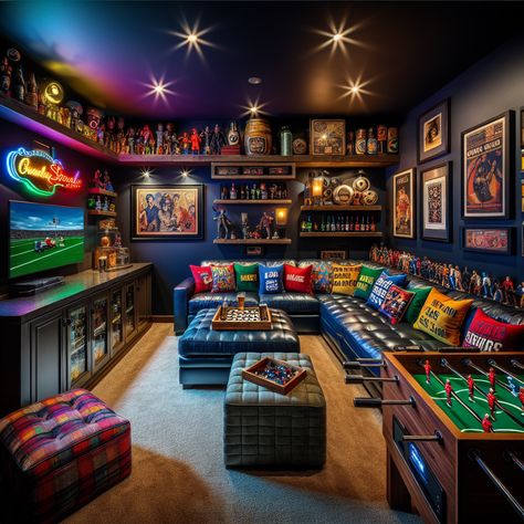 Suburban basement turned eclectic man cave with a huge TV, vintage memorabilia, mini bar, and arcade games. Decor includes quirky throw pillows, iconic posters, and neon signs, complete with a comfortable leather couch and cozy atmosphere. #Mancave #BasementDesign #RetroDecor #GameRoom #HomeBar #SportsDen Retro Entertainment Room, Gaming Library Room, Gaming And Music Room, Man Cave Gaming Room, Nerd Man Cave, Bar Games Room, Gaming House Design, Nerdy Man Cave, Retro Man Cave