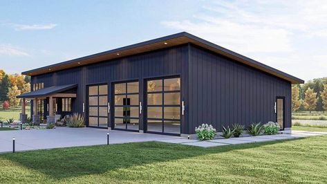 Barndominium With 3 Car Garage, Single Pitch Roof Barndominium, Minimalist Barndominium, Barndominium With Rv Garage, House With Shop Attached, Barndominium Garage Ideas, 2 Bedroom Barndominium With Shop, Small Barndominium Ideas Exterior, 2 Bed 2 Bath Barndominium