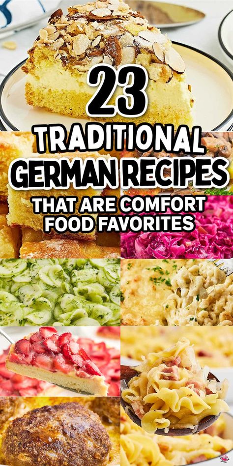 Check out some of the most popular German recipes! From soft, cozy potato dumplings and crispy, juicy Schnitzel with a mushroom gravy to a refreshing cucumber salad, there's something for everyone at the table. And let's not forget dessert—end your meal on a sweet note with a slice of heavenly German Apple Cake. #cheerfulcook #germanfood #germanrecipes #germandishes #oktoberfest #octoberfest #germany Octoberfest Germany, Traditional German Recipes, German Recipes Dinner, German Main Dishes, German Pasta, German Salads, German Side Dishes, German Snacks, Best German Food
