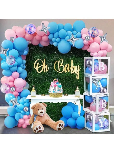 -120Pcs Gender Reveal  Shower Decorations - You Can Get 4 White  Boxes, 3 Sets Of "" Letters (Blue, Pink And White), 5 Silver Four-Pointed Stars (10"), 96 Latex Balloons (5"+10"+12"), 100 Glue Points, 1 Roll Ribbon (5M), 1 Balloon Arch Strip (5M). This Is A Creative, Complete Gender Reveal  Box Party Set That Makes The Perfect Photo Backdrop. Abundance Accessories Can Fully Meet Your Needs, Let'S Enjoy The Gender Reveal Party Feast!-Multi-Function - This Is A 2 In 1 Set Including Balloon Garland And  Box. Pink And Blue Balloons And 4 Sets  Boxes With Letters Are Very Suitable For Gender Reveal Party Decorations. This Gender Reveal Kit Is Also Suitable For  Or  Gender Reveal Party Supplies, Gender Reveal Decorations, Gender Reveal Ideas, Gender Reveal Balloon, Pink And Blue Balloons, 1St Bi