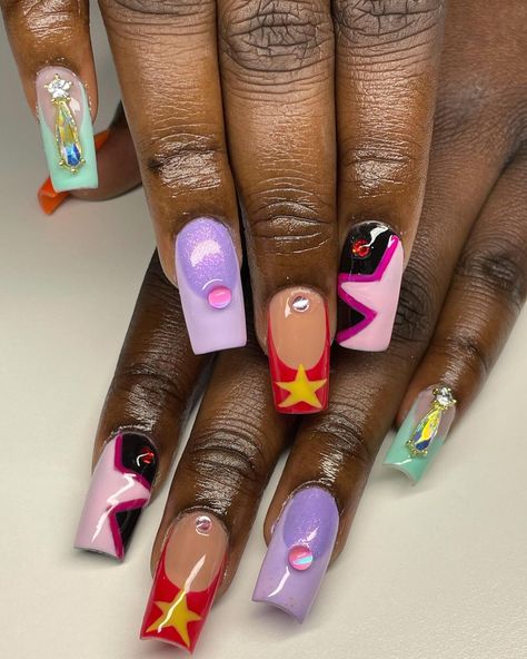 80s Design Nails, Rocket Power Nails, Smiling Friends Nails, 90s Theme Nails Acrylic, Sonic Nail Designs, Steven Universe Nail Designs, Gravity Falls Nail Art, Tv Show Inspired Nails, Steven Universe Nail Art