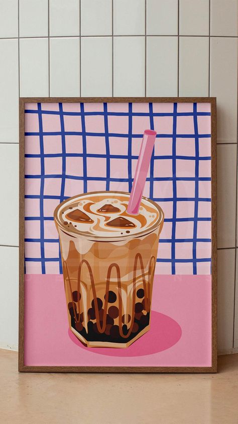 Iced Coffee Art Print, Coffee Corner Painting, Coffee Art Poster, Kitchen Paintings On Canvas, Iced Coffee Painting, Food Painting Ideas, Coffee Poster Design Graphics, Drink Coffee Illustration, Drawings Of Coffee