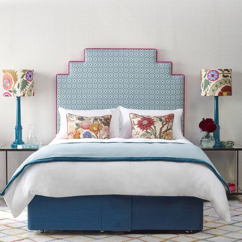 Fabric King Headboard, Fabric Headboard Ideas Master Bedrooms, Funky Headboards, Headboard Ideas Fabric, Fabric Headboard Ideas, Blue Headboard Bedroom, Upholstered Headboard Bedroom Ideas, Creative Headboard Ideas, Creative Headboards