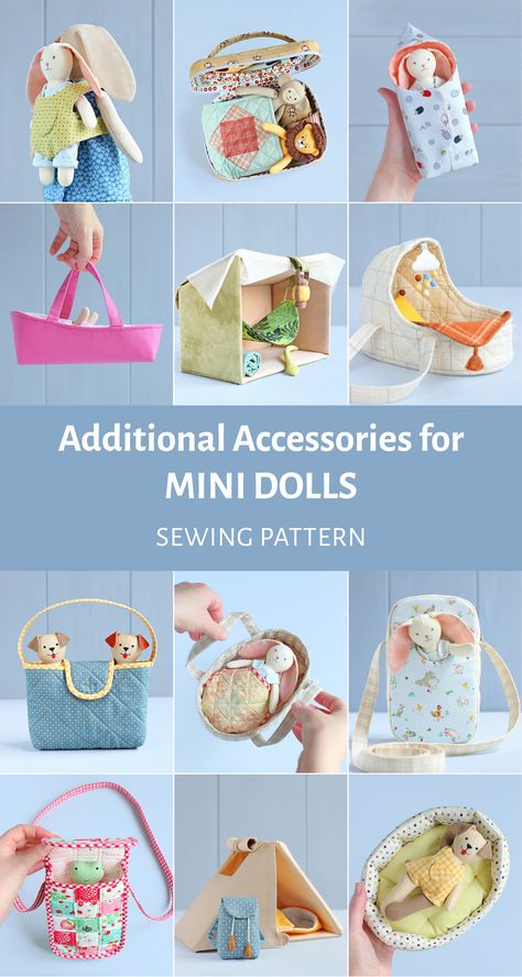 Do you already have a Mini Doll made with my sewing pattern? You can complement your play set and sew a large number of additional accessories for your softie! All my Mini accessories fit all the Mini Dolls (both stuffed animals and rag dolls) perfectly! Just pick one and start sewing! The sewing patterns are easy to follow and beginner friendly, with lots of tips and tricks. Buy them now and learn how to sew your own toy carrycot, bassinet, bed, bag and other accessories for doll! Accessories To Sew, Mini Stuffed Animals, Sewn Animals, Bed Bag, Diy Rag Dolls, Fabric Doll House, Free Pdf Sewing Patterns, Handmade Stuffed Toys, Diy Sewing Gifts