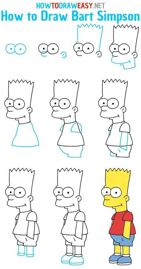 Easy Bart Simpson Drawing, Cartoon Drawings Simpsons, Beginner Cartoon Drawing, Easy Simpsons Drawing, Drawing Bart Simpson, Drawing The Simpsons, Basic Cartoon Drawing, Cartoon Drawing Collage, How To Draw Bart Simpson Step By Step