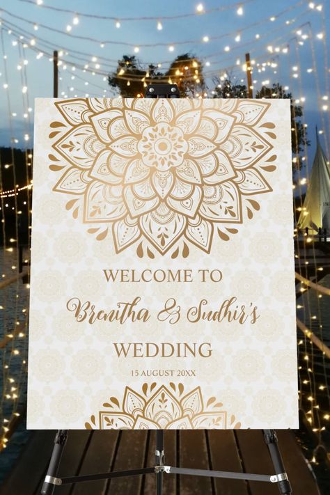 Golden mandala wedding personalized welcome sign Wedding Boards Indian, Indian Wedding Board Ideas, Wedding Name Board Indian, Indian Wedding Signs, Indian Wedding Welcome Sign, Sunboard Design, Welcome Board Wedding Entrance, Indian Wedding Welcome Board, Luxe Packaging