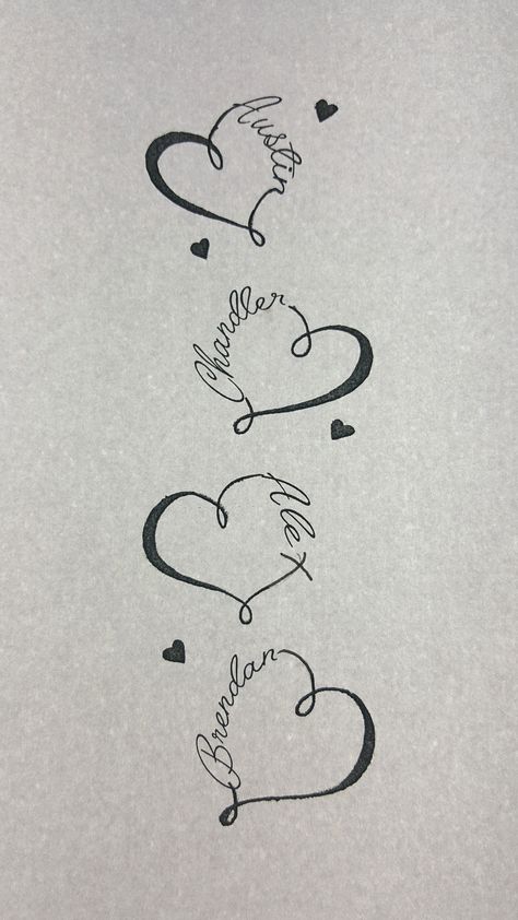 Hearts And Names Tattoos, Name Style Tattoos, Tattoos With Kids Names For Moms Boys, Four Name Tattoo Ideas, 4 Names Tattoos, Tattoo Ideas For Neices, My Boys Tattoo Ideas, Tattoo Ideas With Husbands Name, Tattoo With Multiple Names