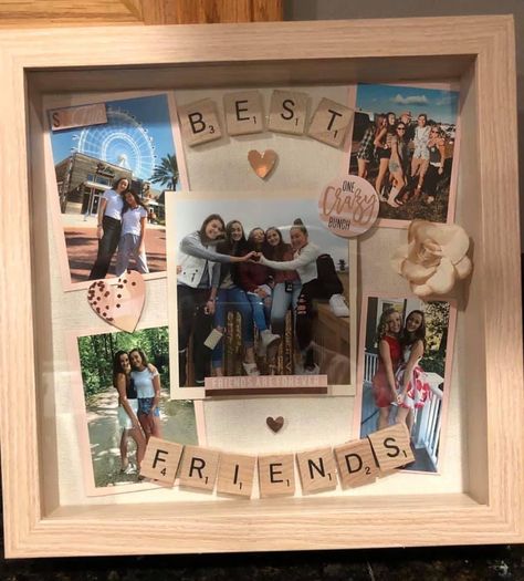 Shadow box friend idea, scrabble pieces, art, gift, craft, shadowbox, memory box Gift For Memories, Best Friend Pictures Gift Ideas, Shadow Box Best Friend, Diy Memory Gifts For Friends, Memory Gift For Best Friend, Picture Box Birthday Gift, Shadow Box Ideas Best Friend, Shadow Box For Friend, Diy Frame For Best Friend