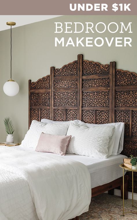 1 Day $1k Boho Bedroom Transformation Boho Master Suite, Headboard Transformation Ideas, Boho Gold Bedroom, Room Divider Headboard Ideas, Diy Headboard Ideas Boho, Morrocon Interiors, Bohemian Bedroom Furniture, Moroccan Bedroom Ideas, Bohemian Headboard