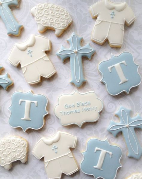 Boy Christening Cookies - Baptism Party Ideas Baptismal Cookies, Baptism Party Boy, Christening Cookies, Christening Cake Boy, Baptism Party Decorations, Baptism Cookies, Beaux Desserts, Christening Decorations, Baby Boy Christening